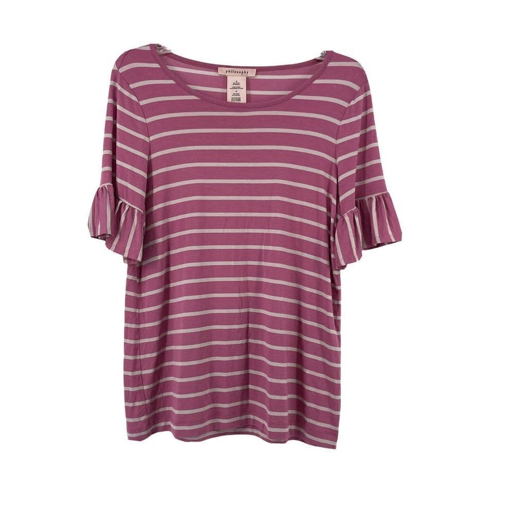 Philosophy Ruffle Sleeve Top Pink Striped Jersey Stretch Womens Size S Casual